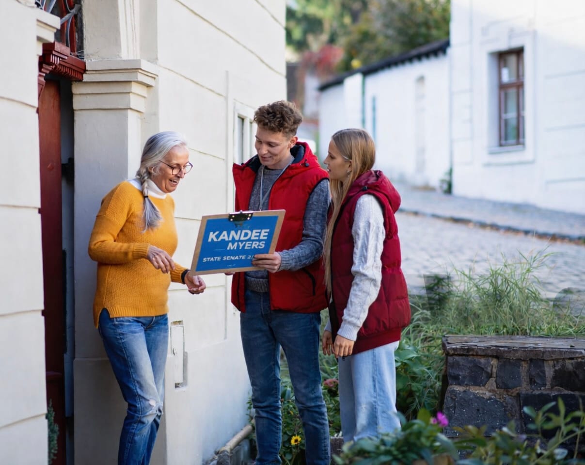 Kandee Myers talking with voters during a neighborhood campaign conversation
